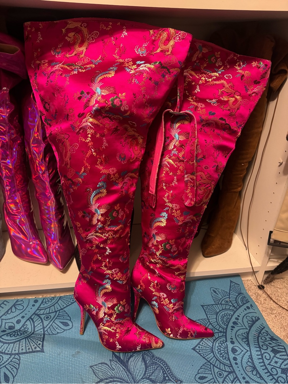 Fuchsia Brocade Over-the-Knee Stiletto Boots - Picture 3 of 5
